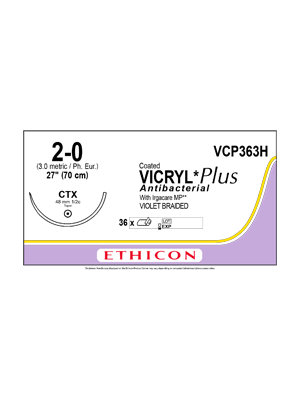 Coated VICRYL* Plus Antibacterial Sutures Violet CTX 2-0 70cm