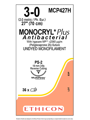 MONOCRYL® Plus Antibacterial Suture 3-0 70cm PS-2 19mm - Box/36