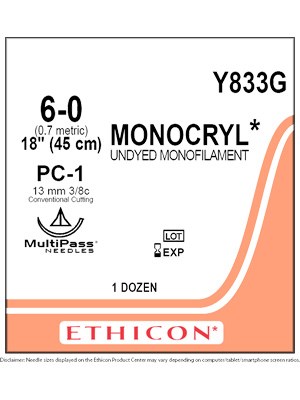 MONOCRYL® Absorbable Sutures Undyed 6-0 45cm PC-1 13mm - Box/12