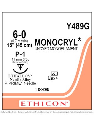 MONOCRYL® Absorbable Sutures Undyed 6-0 45cm P-1 11mm - Box/12