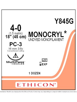 MONOCRYL® Absorbable Sutures Undyed 4-0 45cm PC-3 16mm - Box/12
