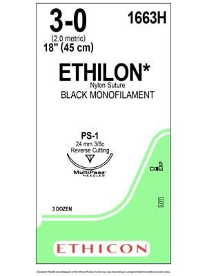 ETHILON* Nylon Sutures Black 45cm 3-0 PS-1 24mm - Box/36
