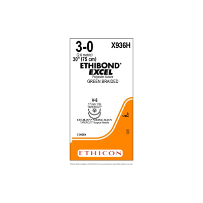 ETHIBOND* EXCEL Double-Armed Suture Green 3-0 75cm V-5  - Box/36