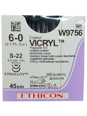 VICRYL® Absorbable Sutures Undyed 6-0 45cm S-22 8mm - Box/12