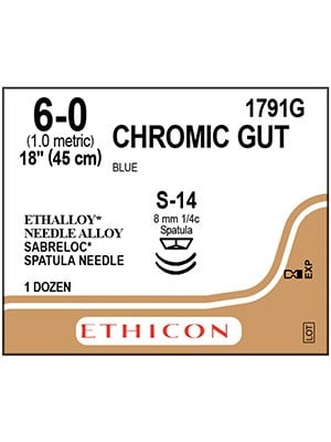 CHROMIC GUT Sutures Blue 45cm 6-0 S-14 8mm - Box/12