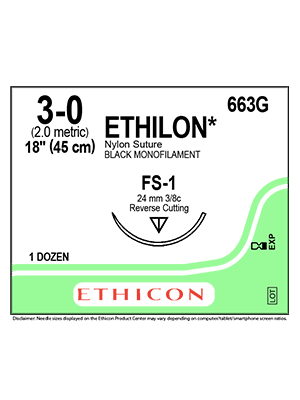 ETHILON Nylon Sutures Black 45cm 3-0 FS-1 24mm
