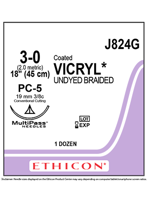 Coated VICRYL® Absorbable Sutures Undyed 3-0 45cm PC-5 19mm - Box/12