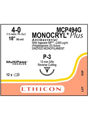 MONOCRYL® Plus Sutures Antibacterial Undyed 45cm 4-0 P-3 - Box/12