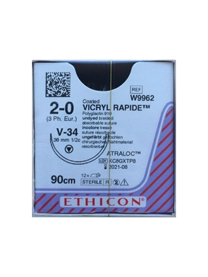 VICRYL RAPIDEĀ® Sutures Undyed 90cm 2-0 V-34 36mm -Box/12