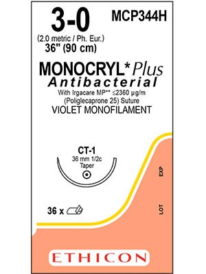 MONOCRYL® Plus Antibacterial Absorbable Sutures Violet 3-0 90cm CT-1 36mm - Box/36