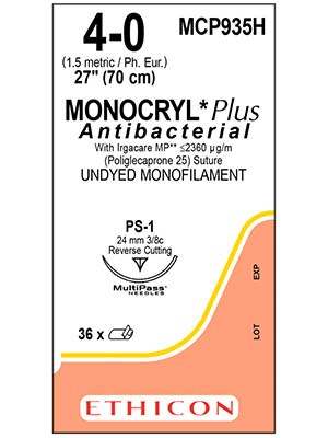 MONOCRYL® Plus Sutures Antibacterial Undyed 70cm 4-0 PS-1 - Box/36