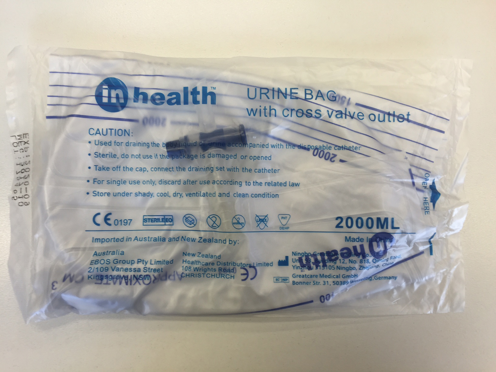 URINE BAG 2000ML W/CROSS VALVE OUTLET