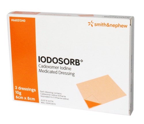 S&N IODOSORB, Iodine Medicated Dressing, 10g, 8cm x 6cm - Box/3